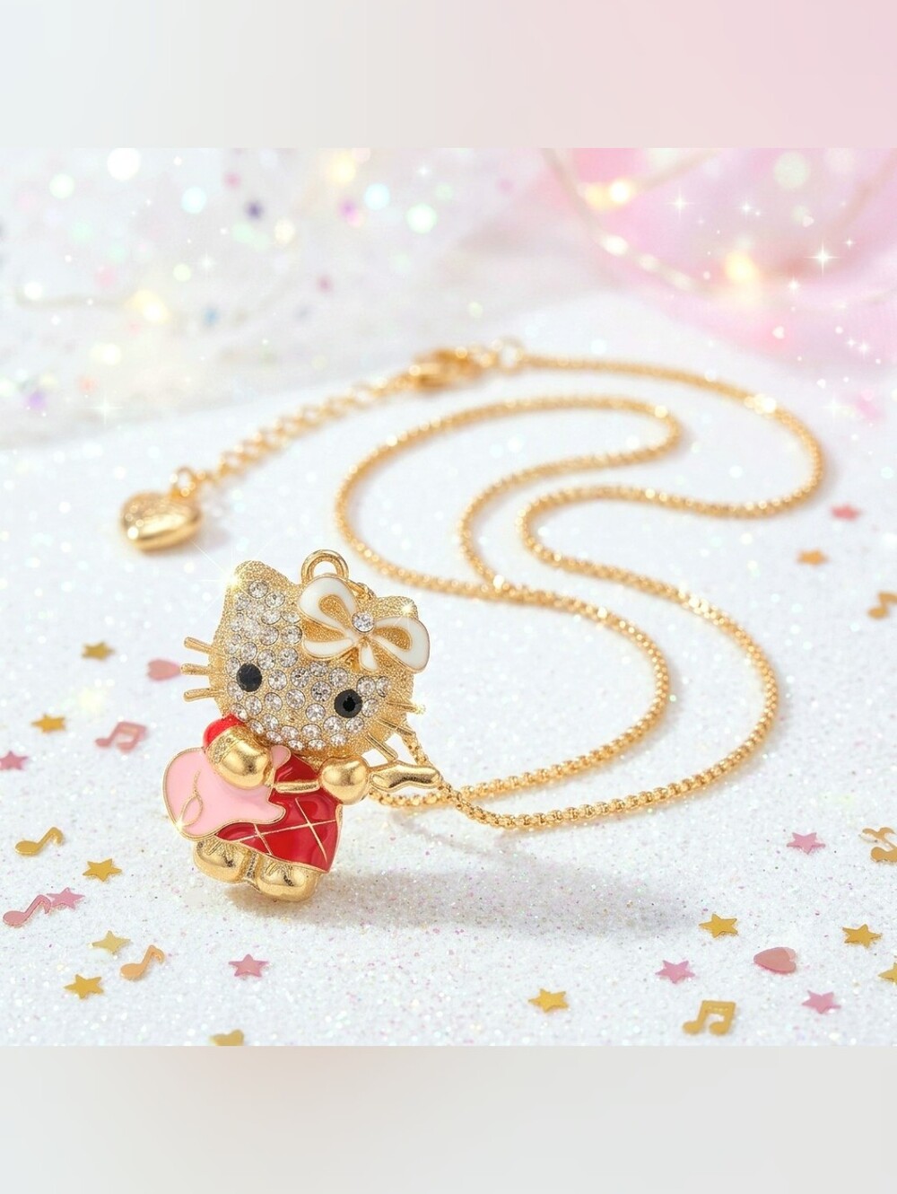 Gold plated pink white crystal bow Hello Kitty guitar necklace